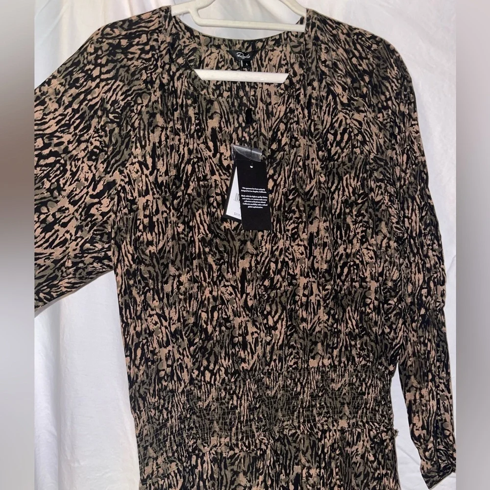 Rails Jasmine Olive Abstract print mini-dress smocked waist size Large NWT - Picture 8 of 13